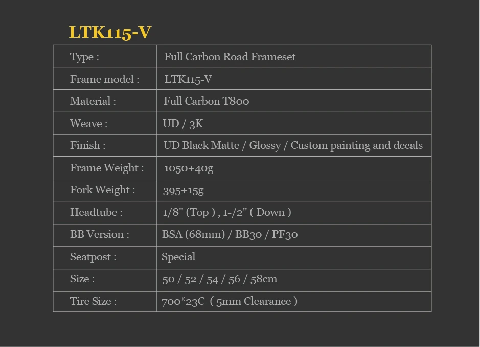 LTK115-V carbon road frameset